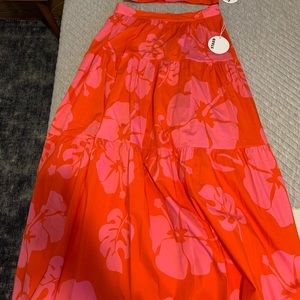 Staud RED Hibiscus Midi Skirt & Kai Top